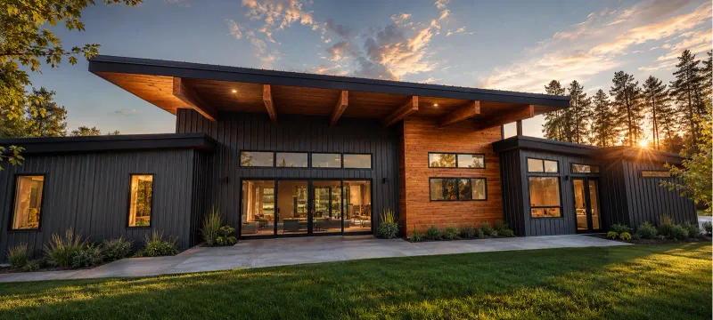 River Frontage Montana Style at sunset: dark board-and-batten siding and a cedar-clad wall under a deep cedar overhang on timber beams, the great room lit behind a wall of glass doors above a green lawn